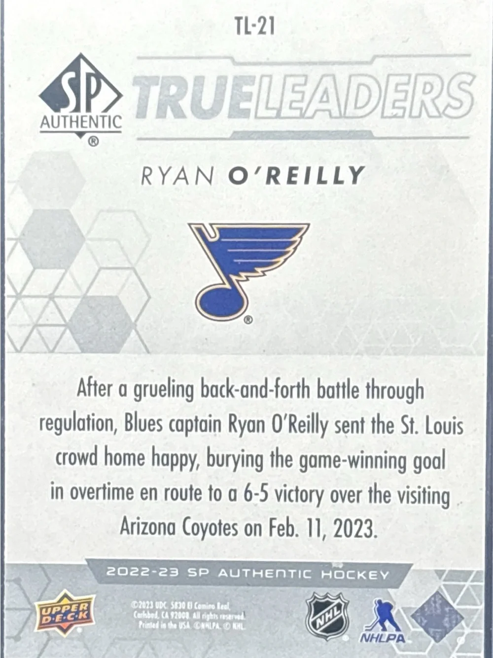 SP Authentic True Leaders Ryan O’Reilly Hockey Trading Card